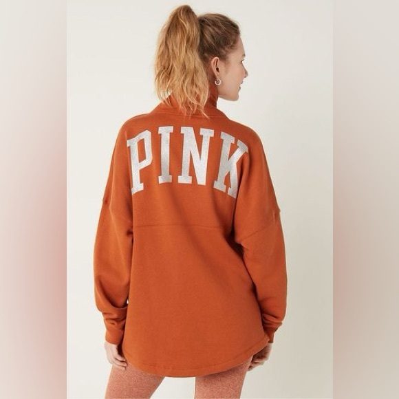 PINK Victoria's Secret Tops - PINK Victoria's Secret Burnt Orange Cowl Neck Sweatshirt with Sparkly Text
